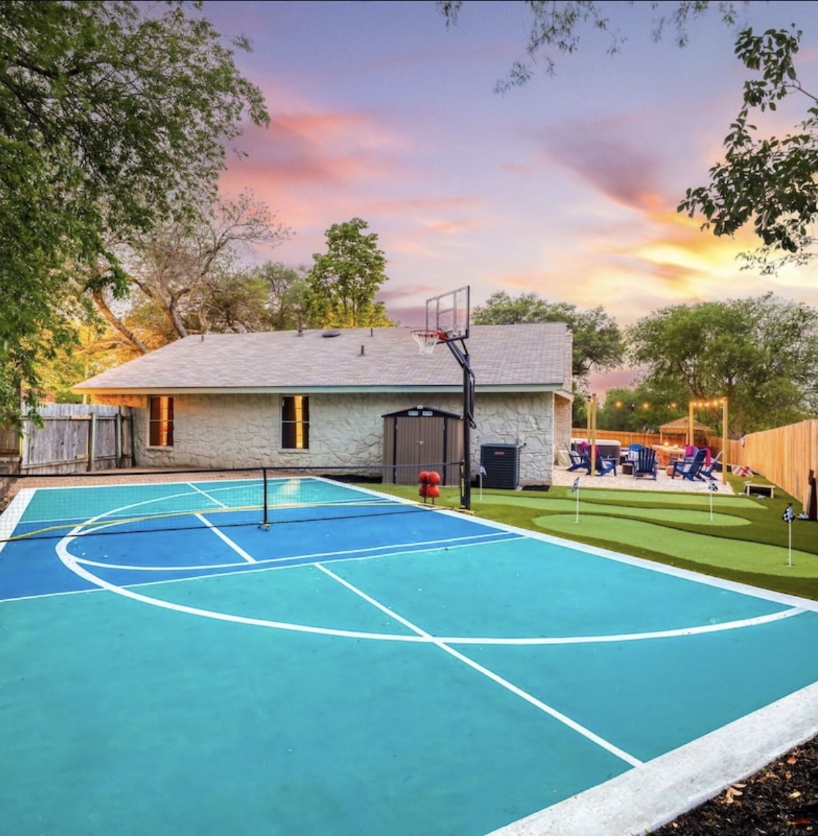 The retreat's backyard at sunset