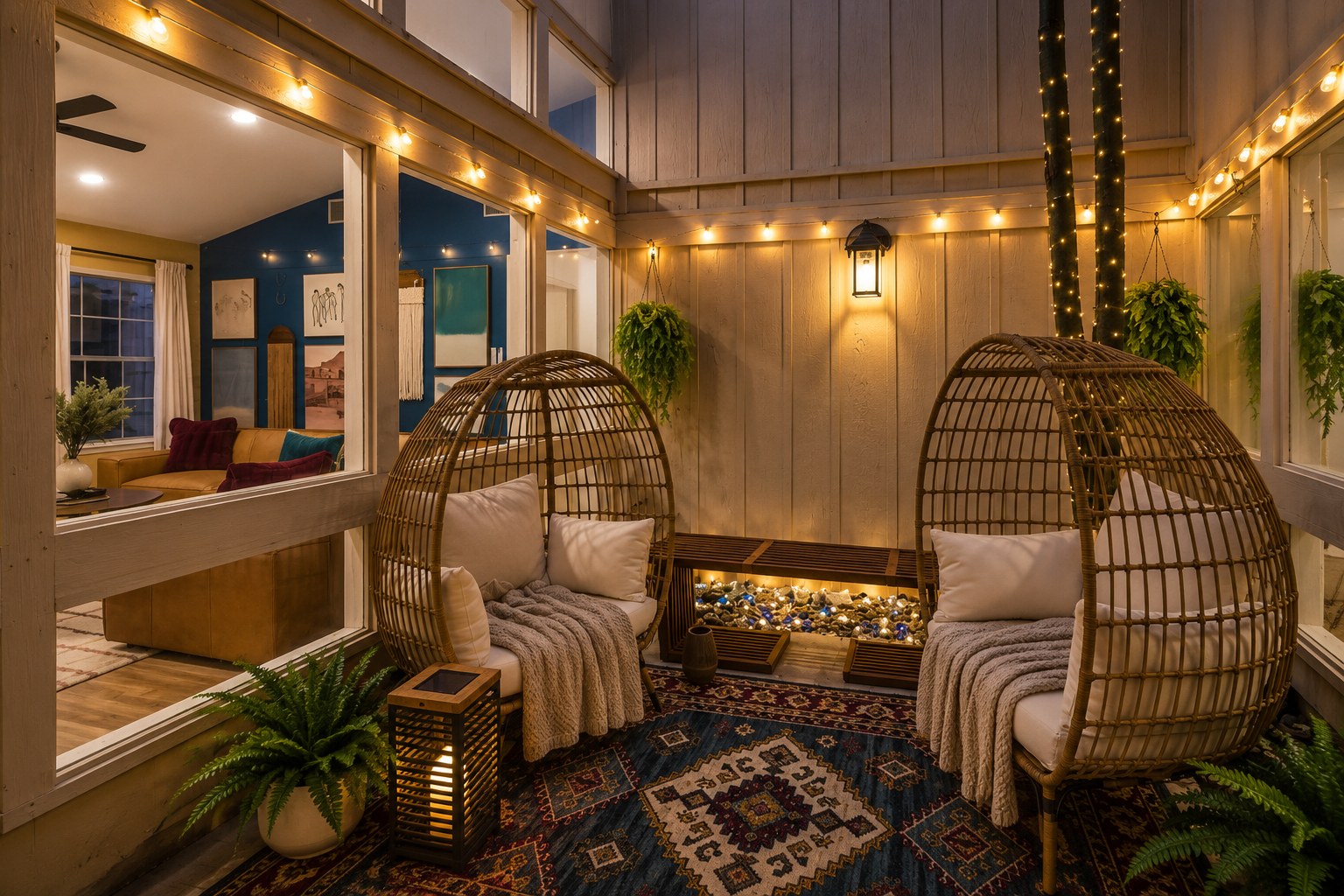 Solarium with egg chairs at evening